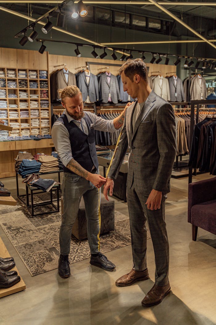 Professional tailor measuring client for a perfect custom suit fit in upscale clothing store.